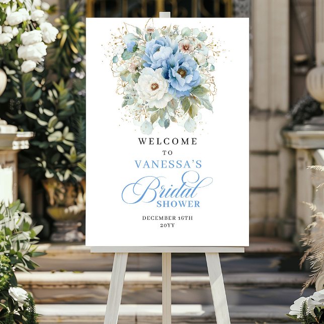 Affiche Bienvenue à la Baby Shower Rustique Bleu et Or (Rustic Blue and Gold Bridal Shower Welcome)