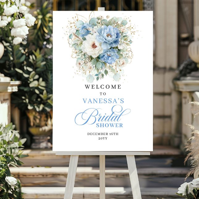 Affiche Bienvenue à la Baby Shower Rustique Fleurs Bleues  (Rustic Blue Floral Greenery Bridal Shower Welcome)