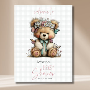 Affiche Bienvenue à la Baby Shower Teddy Papillon Plaid Da
