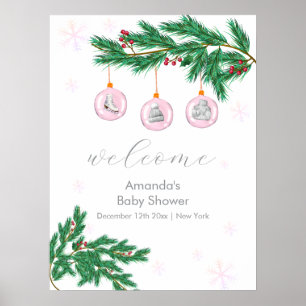 Affiche Bienvenue à la Baby Shower tenue d'hiver rose Orne