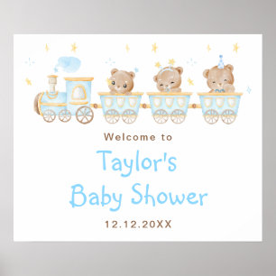 Affiche Bienvenue à la Baby Shower Train Bleu Ours