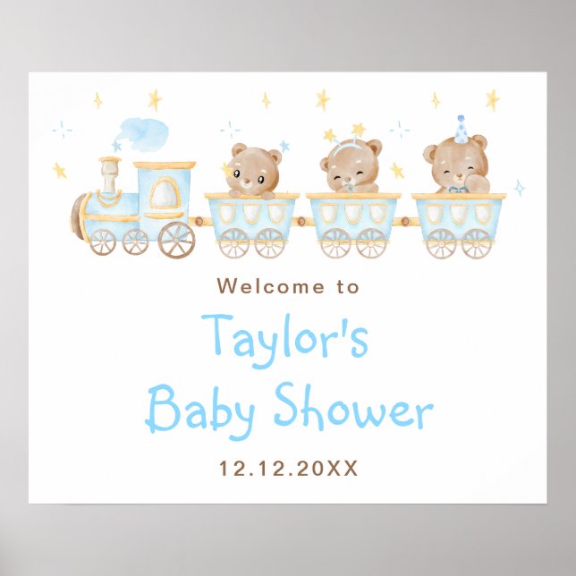 Affiche Bienvenue à la Baby Shower Train Bleu Ours (Devant)