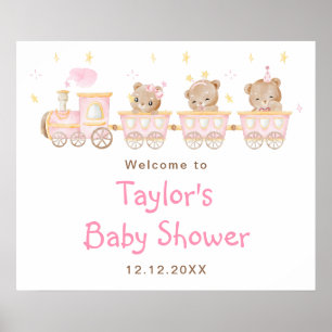 Affiche Bienvenue à la Baby Shower Train Rose Ourson