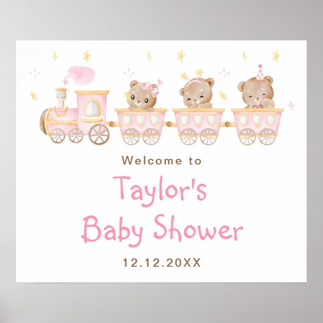 Affiche Bienvenue à la Baby Shower Train Rose Ourson (Devant)