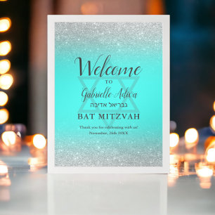 Affiche Bienvenue à la Bat Mitzvah chic pailleté argent sa