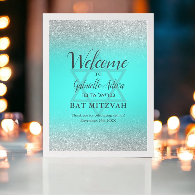 Affiche Bienvenue à la Bat Mitzvah chic pailleté argent sa (Chic silver glitter teal Bat Mitzvah welcome Poster)