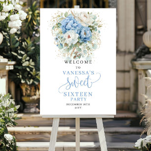 Affiche Bienvenue à la douce 16 Boho Eucalyptus Bleu et Or