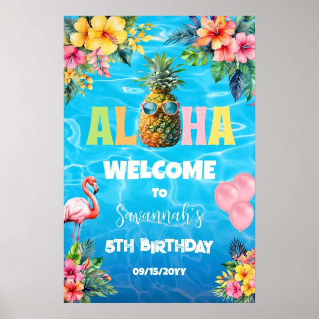 Affiche Bienvenue à la fête d'anniversaire Aloha Pool Part (Devant)