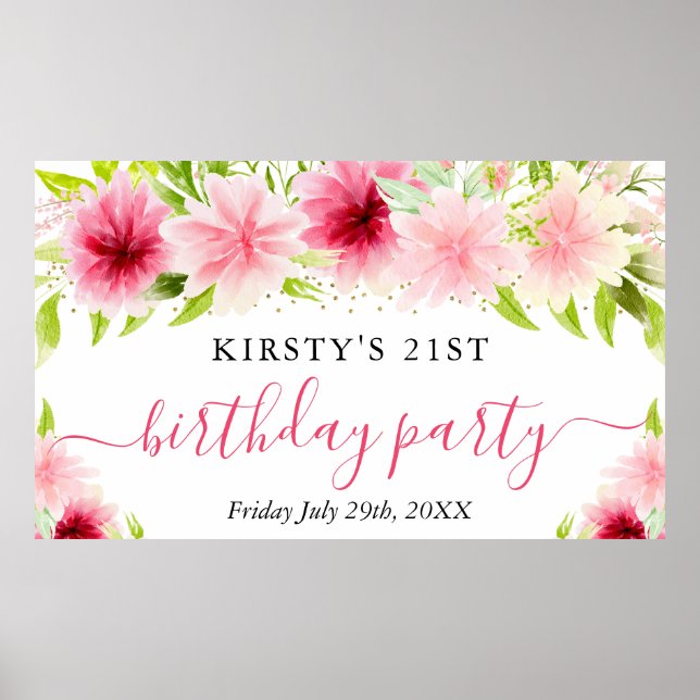 Affiche Bienvenue à la fête d'anniversaire aux fleurs rose (Devant)