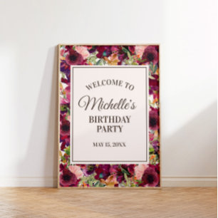 Affiche Bienvenue à la fête d'anniversaire Burgundy Blush 