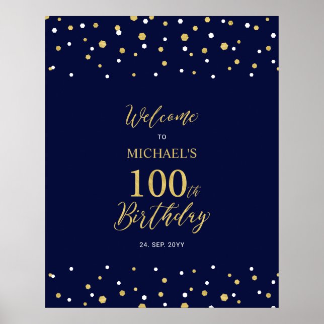 Affiche Bienvenue à la fête d'anniversaire de 100 ans Gold (Devant)