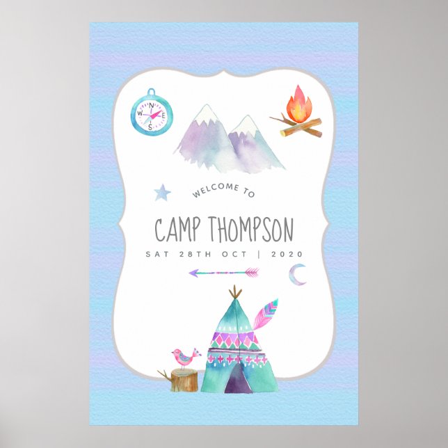 Affiche Bienvenue à la fête d'anniversaire de camping à l' (Devant)