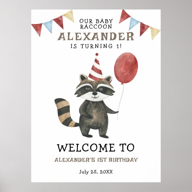 Affiche Bienvenue à la fête d'anniversaire de notre bébé R (Devant)
