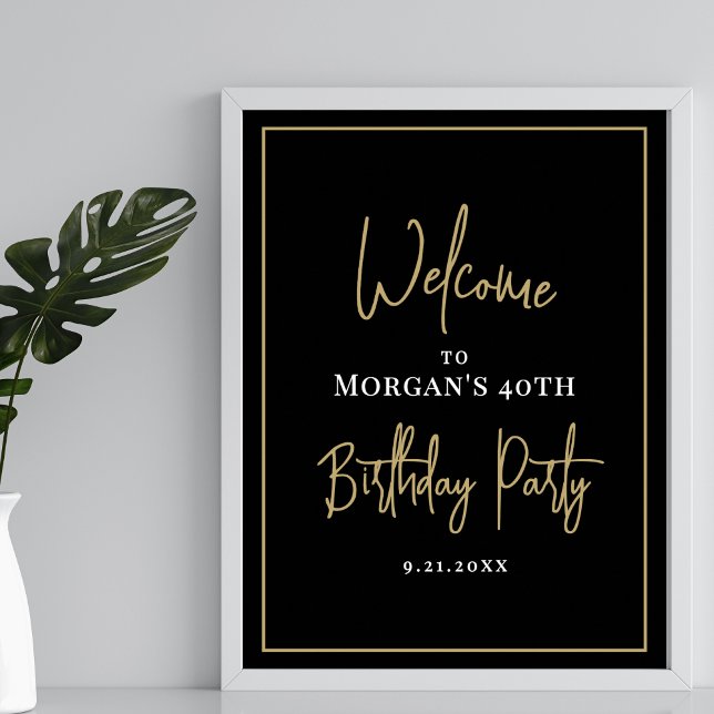 Affiche Bienvenue à la fête d'anniversaire moderne Black G (Black Gold Modern Birthday Party Welcome Poster)