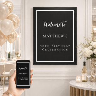 Affiche Bienvenue à la fête d'anniversaire noir et blanc