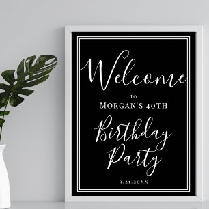 Affiche Bienvenue à la fête d'anniversaire noir et blanc