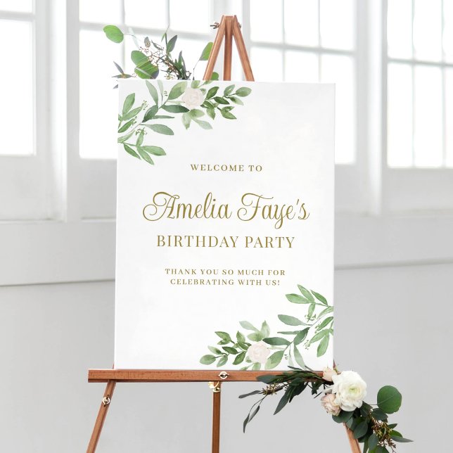Affiche Bienvenue à la fête d'anniversaire sur le thème de (Customizable botanical birthday party welcome sign featuring watercolor greenery and white flowers. )