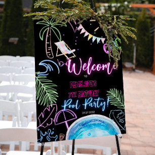 Affiche Bienvenue à la fête de la piscine en noir Neon Glu