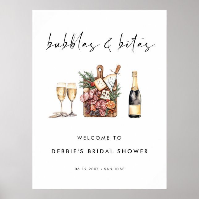 Affiche Bienvenue à la fête de mariage Bubbles and Bites (Devant)