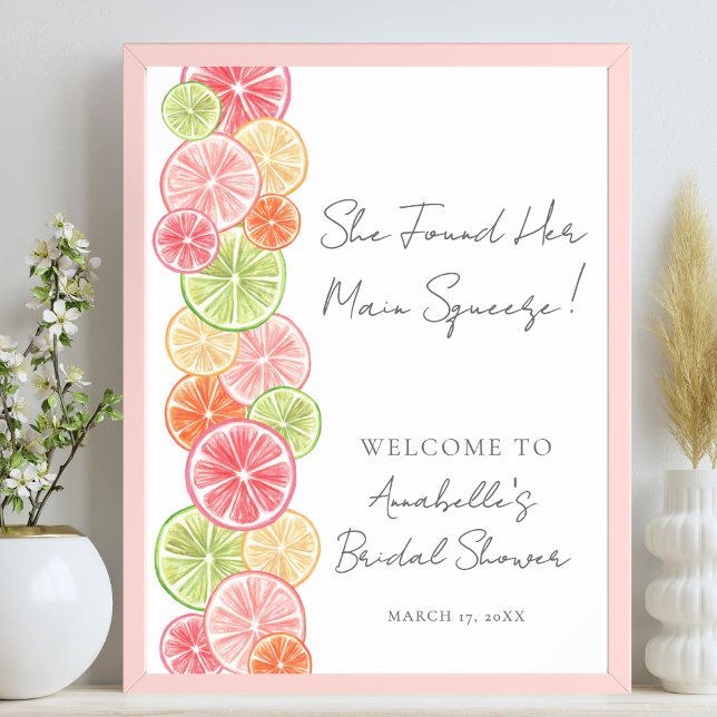 Affiche Bienvenue à la fête de mariage élégante Main Squee (Elegant Main Squeeze Citrus Bridal Shower Welcome Poster )