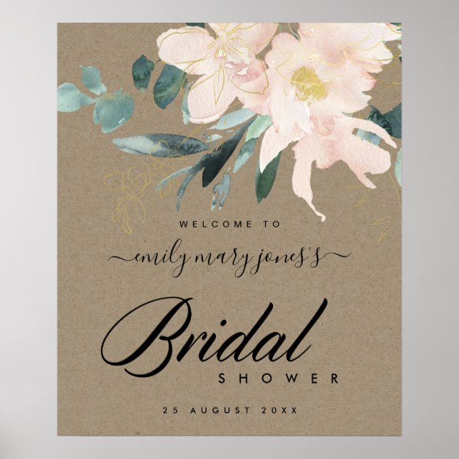 AFFICHE BIENVENUE À LA FÊTE DE MARIAGE FLORALE KRAFT ROSE  (Devant)