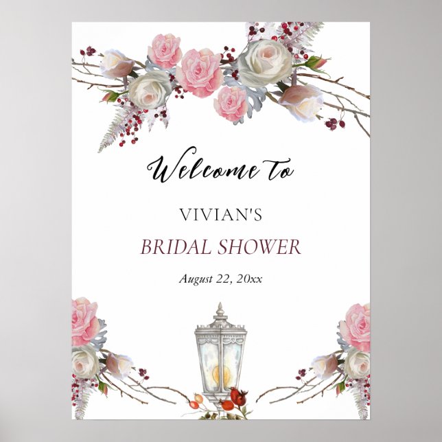 Affiche Bienvenue à la fête de mariage Rustic Roses & Lant (Devant)