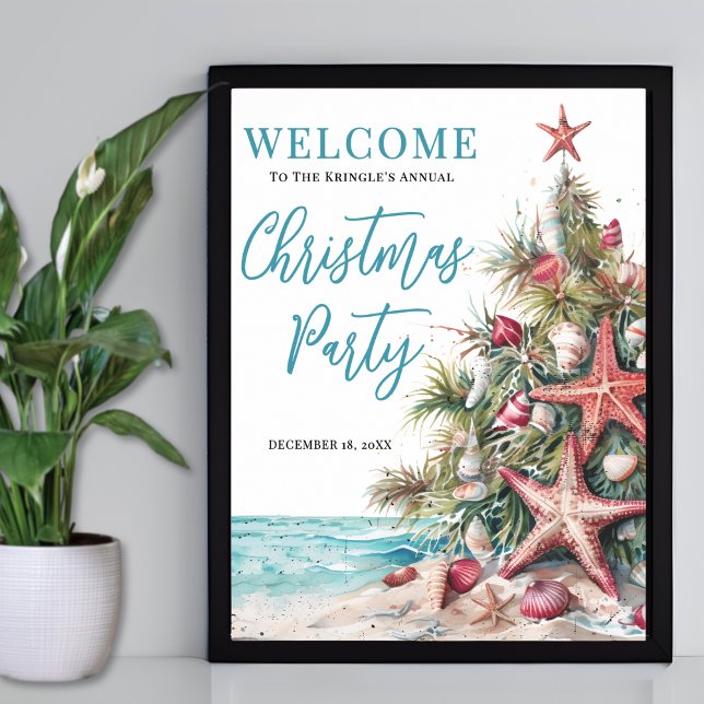 Affiche Bienvenue à la fête de Noël de la plage tropicale (Tropical Beach Christmas Party Welcome Poster)