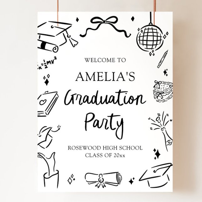 Affiche Bienvenue à la fête de remise des diplômes avec un (Modern Hand Drawn Graduation Party Welcome Sign)