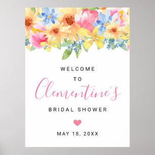 Affiche Bienvenue à la fête prénuptiale florale rose et ja