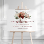 Affiche Bienvenue à la partie d'engagement Floral Rustique<br><div class="desc">Cette affiche de bienvenue à la fête de fiançailles florales rustiques or est parfaite pour une fête fiançailles moderne. Le design est composé de marsala peinte à la main, de rose, de rougeur, de bordeaux et de fleurs dorées avec des feuilles verts disposés en de belles couronnes. Faites de cette...</div>