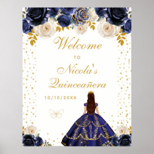 Affiche Bienvenue à la Princesse Quinceañera en bleu marin