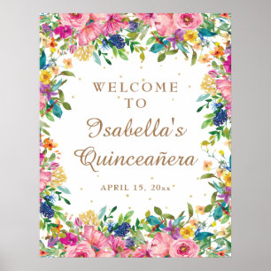Affiche Bienvenue à la Quinceañera avec fleurs roses et pa
