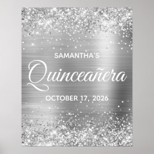 Affiche Bienvenue à la Quinceañera en feuille d'argent sci