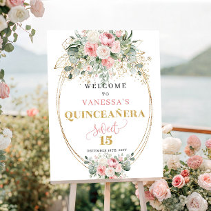 Affiche Bienvenue à la Quinceañera Fleurie Rose Dorée Inte