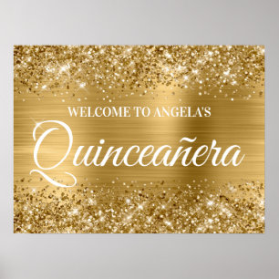 Affiche Bienvenue à la Quinceanera pailletée et dorée