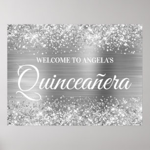 Affiche Bienvenue à la Quinceanera Paillettes et Feuille d