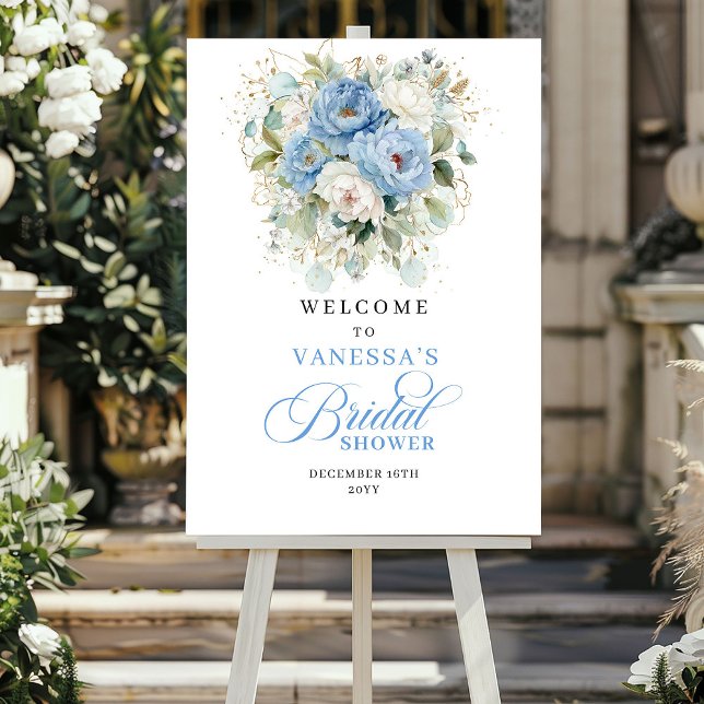 Affiche Bienvenue à la réception de mariage Bleu et Or Élé (Chic Blue and Gold Bridal Shower Welcome)