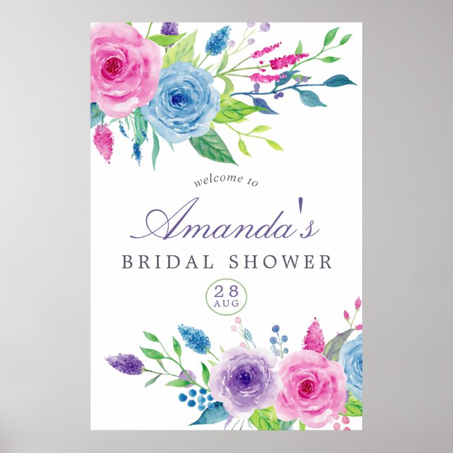 Affiche Bienvenue à la réception de mariage floral aquarel (Devant)