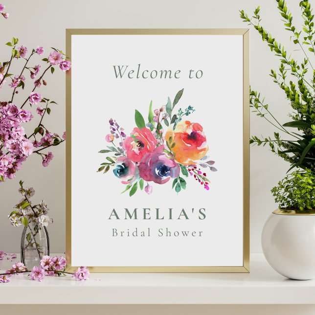 Affiche Bienvenue à la réception de mariage floral aquarel (Créateur téléchargé)