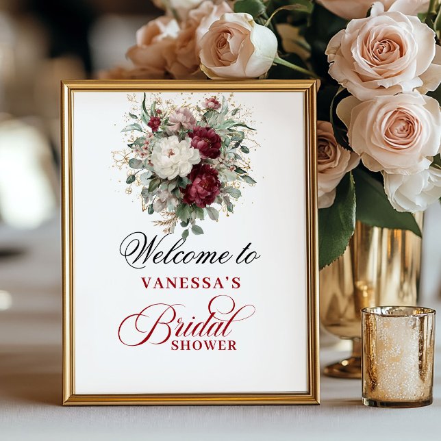 Affiche Bienvenue à la réception de mariage Floral Blush B (Floral Blush Burgundy Bridal Shower Welcome)