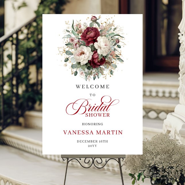 Affiche Bienvenue à la réception de mariage Floral Eucalyp (Marsala Floral Eucalyptus Bridal Shower Welcome)