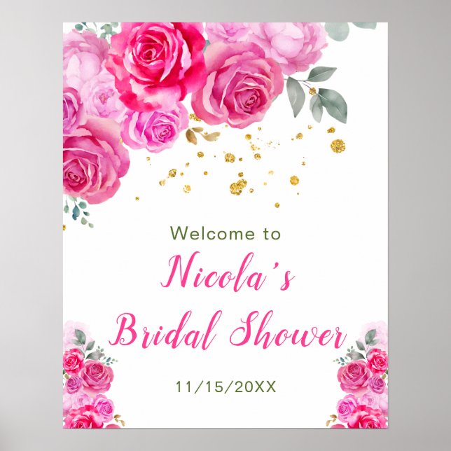 Affiche Bienvenue à la réception de mariage floral rose vi (Devant)