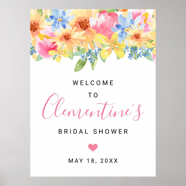Affiche Bienvenue à la réception de mariage florale rose e (Devant)