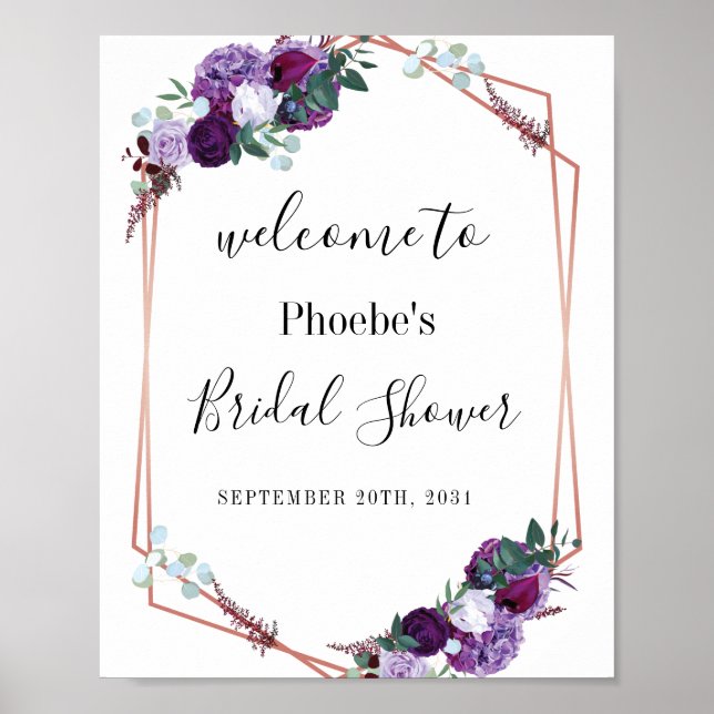 Affiche Bienvenue à la réception de mariage florale violet (Devant)