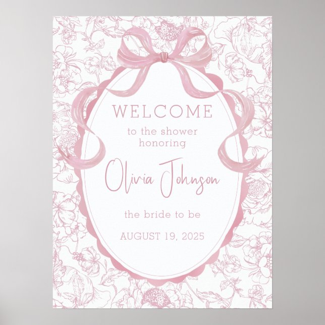 Affiche Bienvenue à la soirée de mariage à ruban rose flor (Devant)