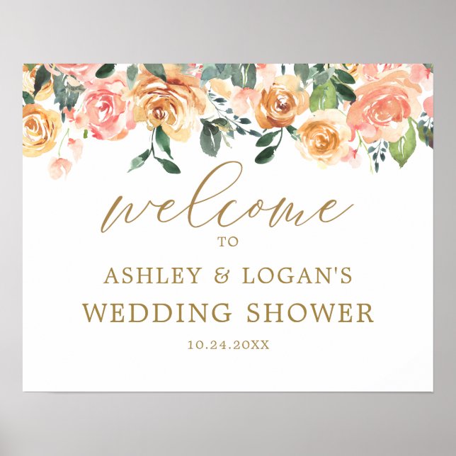 Affiche Bienvenue à la soirée de mariage élégante aux fleu (Devant)