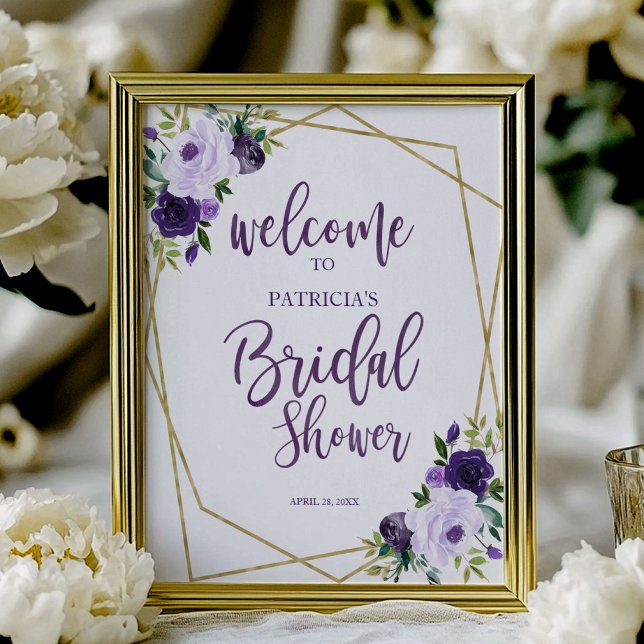 Affiche Bienvenue à la soirée de mariage Floral Gold Pourp (Créateur téléchargé)