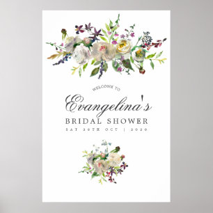 Affiche Bienvenue à la soirée de mariage floral vert et bl