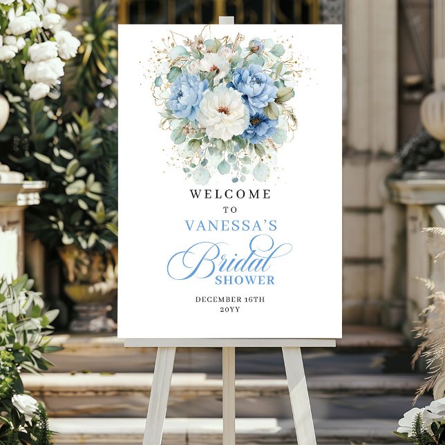 Affiche Bienvenue à la Soirée de Mariage Florale Bleue Boh (Bohemian Light Blue Floral Bridal Shower Welcome)