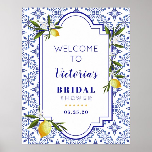 Affiche Bienvenue à la soirée de mariage Navy Blue & Lemon (Devant)